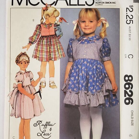 Vintage 80s McCalls Pattern 8626 Girls Ruffle Puff Sleeve Dress Sz 6 Uncut - Picture 1 of 2